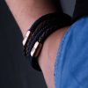 Bracelet Fischers Fritze King Shrimp  combination sailing rope navy blue stainless steel rose gold leather brown braided