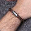 Leather bracelet brown braided on wrist, with stainless steel engraving on magnetic clasp silver from Fischers Fritze