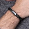 Leather bracelet black braided on wrist, with stainless steel engraving on magnetic clasp silver from Fischers Fritze