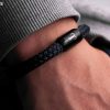Bracelet from sailing rope navy blue fold over, deep black magnetic clasp, stainless steel engraving of Fischers Fritze